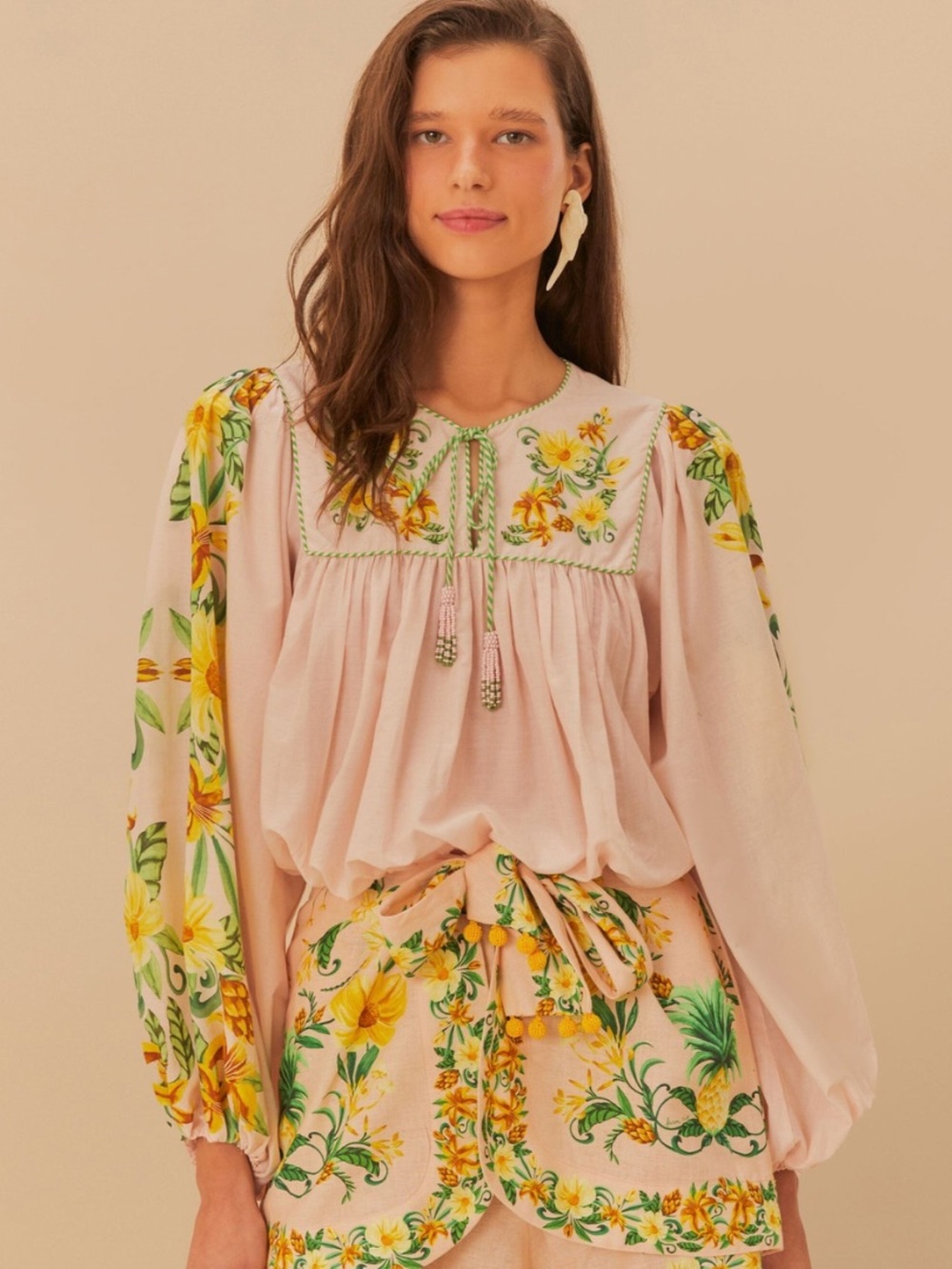 NWT FARM Rio Pink Botanical Blouse with Yellow Floral detail medium